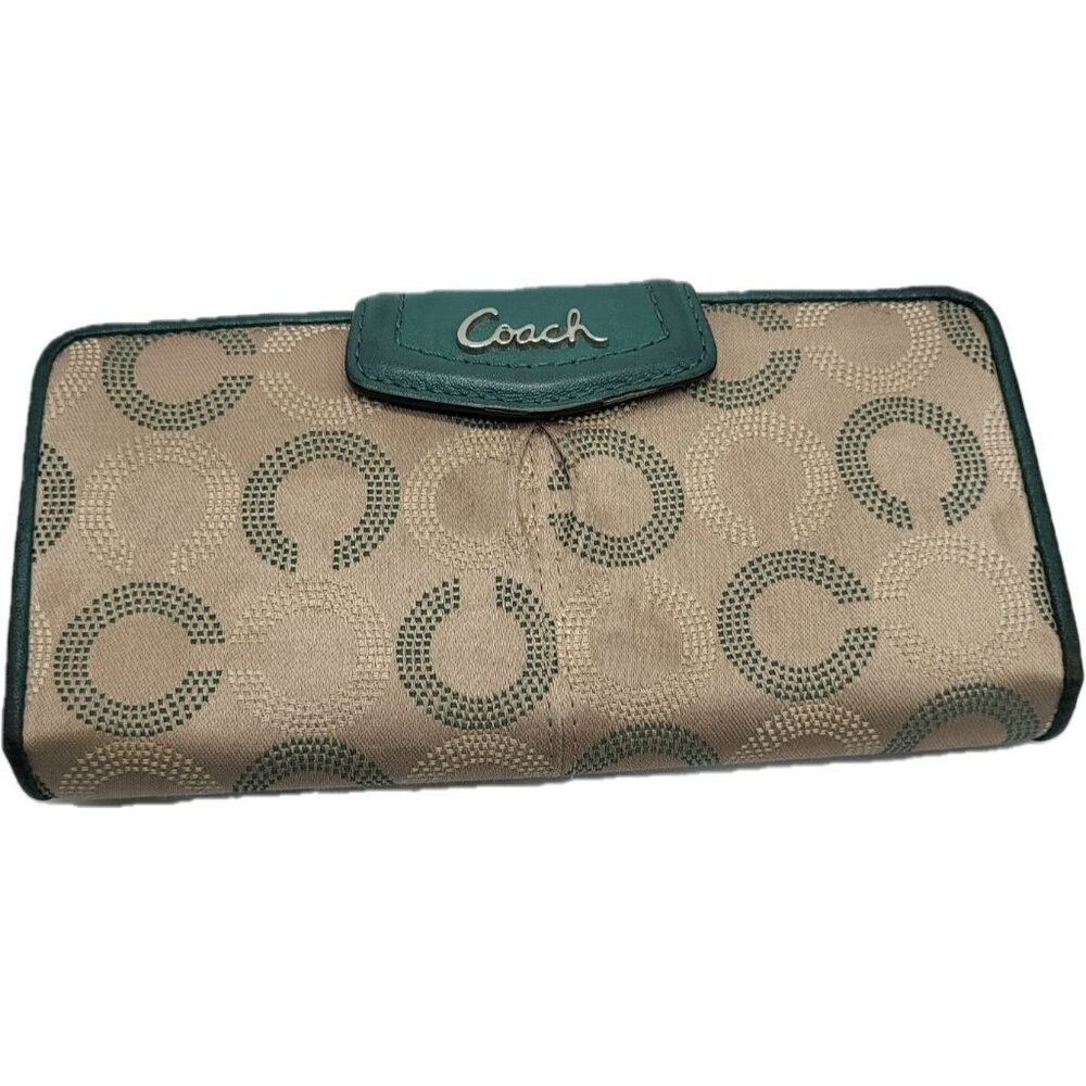 Coach Ashley Khaki Green Dotted Signature C Op Leather Wallet Checkbook Holder